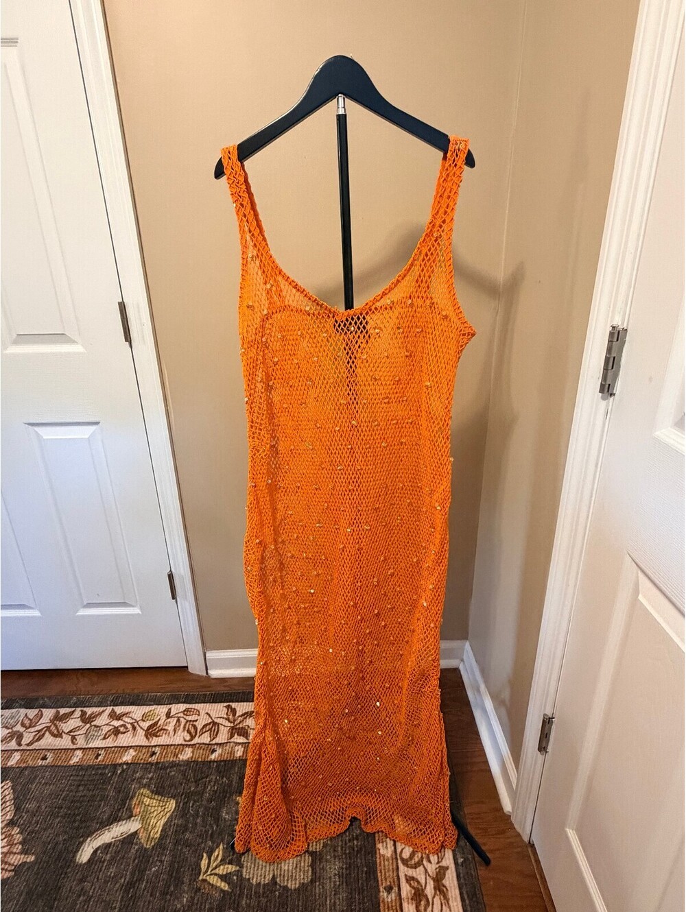 ASOS Design Orange Fishnet Beaded Maxi Cover Up Dress US 14 Festival Beach